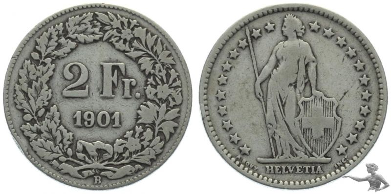 2 Franken 1901 B - seltener Jahrgang